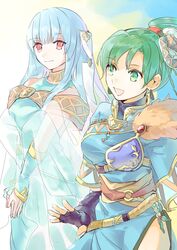  2girls black_gloves blue_hair closed_mouth dress fingerless_gloves fire_emblem fire_emblem:_the_blazing_blade fire_emblem_heroes gloves green_eyes green_hair highres hukashin long_hair lyn_(brave_lady)_(fire_emblem) lyn_(fire_emblem) multiple_girls ninian_(fire_emblem) open_mouth ponytail red_eyes 