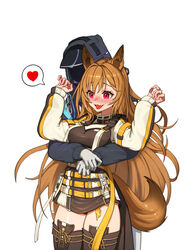  1other absurdres animal_ears arknights bad_id bad_pixiv_id belt belt_pouch black_coat black_footwear black_legwear black_panties blush boots breast_hold breasts brown_dress brown_hair ceobe_(arknights) coat commentary covered_face cowboy_shot cropped_jacket cross-laced_clothes cross-laced_legwear doctor_(arknights) dog_ears dog_tail dress embarrassed english_commentary female gloves hair_between_eyes heart hellk111 highres hood hood_up hooded_coat hug hug_from_behind jacket lips long_hair long_sleeves material_growth medium_breasts mixed-language_commentary multiple_belts oerba_yun_fang open_clothes open_jacket open_mouth oripathy_lesion_(arknights) panties panty_peek pink_eyes pouch short_dress simple_background skin_fang spoken_heart strap surprised sweat sweatdrop tail thigh_boots thighhighs thighs underwear very_long_hair white_background white_gloves white_jacket 