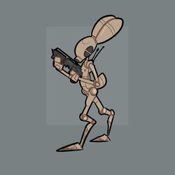  1:1 ambiguous_gender android antennae_(anatomy) anthro battle_droid blaster grey_background gun hi_res hybrid lagomorph leporid machine mammal plating rabbit ranged_weapon robot simple_background solo star_wars tan_body weapon xing1 