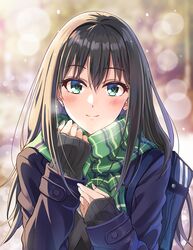  bag black_hair blush coat earrings female green_eyes highres idolmaster idolmaster_cinderella_girls jewelry long_hair long_sleeves looking_at_viewer scarf school_bag shibuya_rin smile solo tazu upper_body 