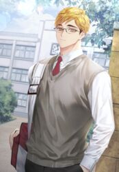  1boy bad_id bad_twitter_id bag black_pants blonde_hair brown_eyes closed_mouth day eyebrows glasses haikyuu!! hand_in_pocket hemoon long_sleeves looking_at_viewer male_focus miya_atsumu multicolored_hair necktie outdoors pants red_necktie school school_uniform shirt short_hair solo standing sweater_vest tree two-tone_hair white_shirt 