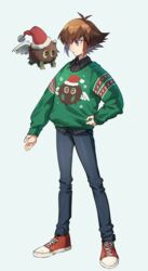  1boy antenna_hair bangs black_shirt blue_pants brown_eyes brown_hair casual christmas_sweater collared_shirt dress_shirt full_body green_sweater grey_background hair_between_eyes kuriboh male_focus multicolored_hair pants plaid plaid_shirt print_sweater red_footwear shiny shiny_hair shirt shoes simple_background sneakers solo sweater torinomaruyaki two-tone_hair wing_collar winged_kuriboh yuu-gi-ou yuu-gi-ou_gx yuuki_juudai 