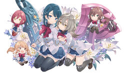  5girls aizawa_kazuha assault_lily black_thighhighs blue_eyes blue_hair chibi chibi_inset flower grey_hair grey_thighhighs hand_on_another&#039;s_shoulder hatsukano_you herensuge_girls_academy_school_uniform iijima_renka kneeling lily_(flower) long_hair medium_hair multiple_girls over-kneehighs rie_(reverie) sasaki_ran school_uniform second-party_source serizawa_chikaru smile thighhighs weapon yellow_eyes zettai_ryouiki 