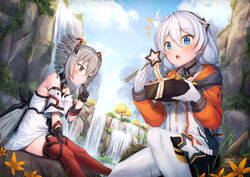  2girls :o bare_shoulders bento black_gloves blue_eyes blue_sky bodysuit boots bow bronya_zaychik bronya_zaychik_(drive_kometa) bronya_zaychik_(yamabuki_armor) chopsticks closed_mouth cloud cloudy_sky dress drill_hair flower gloves grey_eyes grey_hair hairbow happy_birthday highres holding holding_chopsticks honkai_(series) honkai_impact_3rd jacket kiana_kaslana kiana_kaslana_(white_comet) long_hair multiple_girls open_mouth orange_flower outdoors red_footwear second-party_source sitting sky thigh_boots thighhighs tree twin_drills water waterfall white_bodysuit white_dress white_hair white_jacket xfate 