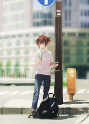  1boy bangs blue_footwear blue_pants blurry blurry_background brown_eyes brown_hair casual day full_body grey_legwear hair_between_eyes holding multicolored_hair outdoors pants shirt shoes short_sleeves sneakers socks solo standing torinomaruyaki two-tone_hair white_shirt yuu-gi-ou yuu-gi-ou_gx yuuki_juudai 