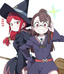  2girls belt black_neckwear blush borrowed_clothes broom brown_hair collar commentary_request cowboy_shot eyewear_switch glasses hand_on_own_hip hat highres hood hood_down kagari_atsuko little_witch_academia long_hair luna_nova_school_uniform multiple_girls red_eyes red_hair rimless_eyewear ry770094 school_uniform shiny_chariot sidelocks simple_background smile spoilers surprised ursula_charistes white_background wide_sleeves witch witch_hat 