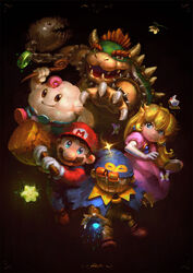  4boys animal armlet blonde_hair blue_cape blue_eyes blue_hat blue_overalls bowser bracelet brown_footwear brown_hair bug butterfly cape cassio_yoshiyaki chain_chomp chains claws closed_mouth coin commentary crown doll_joints dress elbow_gloves english_commentary facial_hair female flower frog_coin_(super_mario_rpg) frying_pan geno_(mario) gloves glowing hammer hat holding holding_frying_pan holding_hammer holding_stick horns jewelry joints long_hair looking_at_viewer mallow_(mario) mario mario_(series) moustache multiple_boys open_mouth overalls pink_dress princess_peach red_hair red_hat red_shirt sharp_teeth shirt shoes short_hair signature smile spiked_armlet spiked_bracelet spiked_shell spikes star_(symbol) stick super_mario_rpg teeth thick_eyebrows turtle_shell white_gloves 