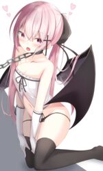  bare_shoulders black_panties black_thighhighs breasts chains cleavage collar collarbone commentary_request cross demon_girl demon_wings doyachii female frills gloves groin hair_ribbon heart heart-shaped_pupils highres kneeling long_hair looking_at_viewer navel no_pants no_shoes original panties pink_hair red_eyes ribbon shirt small_breasts solo strapless symbol-shaped_pupils thighhighs twintails underwear white_gloves white_shirt wings 