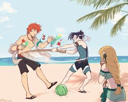  2boys beach black_hair blindfold blonde_hair blue_sky brown_gloves closed_mouth cloud cup day drinking_straw felix_hugo_fraldarius female fingerless_gloves fire_emblem fire_emblem:_three_houses fire_emblem_heroes flower food from_behind fruit glass gloves hair_flower hair_ornament highres holding holding_cup ingrid_brandl_galatea ingrid_brandl_galatea_(summer) jewelry long_hair multiple_boys necklace open_mouth outdoors red_hair rubi_arts sandals short_hair sky suikawari sunglasses swimsuit sylvain_jose_gautier sylvain_jose_gautier_(summer) twitter_username water watermelon 