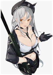  between_breasts black_gloves black_headwear black_necktie black_pantyhose black_shorts breasts cleavage collarbone commentary commission cropped_legs english_commentary female fn_spr_a3g girls&#039;_frontline gloves gun highres holding holding_gun holding_weapon long_hair looking_at_viewer medium_breasts navel necktie necktie_between_breasts open_mouth pantyhose rifle shirt shorts simple_background skeb_commission sniper_rifle solo spr_a3g_(girls&#039;_frontline) standing sutekina_awa weapon white_background white_hair white_shirt yellow_eyes 