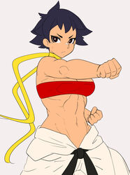  abs baggy_pants belt black_belt black_hair bra breasts brown_eyes choker cleavage clenched_hands clothes_around_waist dougi female fighting_stance highres karate_gi looking_at_viewer lowleg lowleg_pants makoto_(street_fighter) midriff muscular muscular_female navel no_panties pants punching red_bra red_sports_bra ribbon_choker shirt shirt_around_waist shnibbles short_hair silver_background solo spiked_hair sports_bra street_fighter tomboy underwear yellow_choker yellow_neckwear 