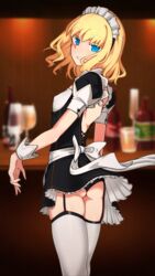  absurdres alcohol alternate_costume apron ass back_cutout black_dress blonde_hair blue_eyes bottle clothes_lift clothing_cutout cup dress dress_lift drinking_glass enmaided female frilled_dress frills from_side garter_straps highres indoors irokohaku leivinia_birdway looking_at_viewer looking_back maid maid_apron maid_headdress medium_hair panties pantyshot puffy_short_sleeves puffy_sleeves ribbon short_sleeves solo standing thighhighs toaru_majutsu_no_index toaru_majutsu_no_index:_new_testament underwear waist_apron white_apron white_thighhighs wine_glass wrist_cuffs 