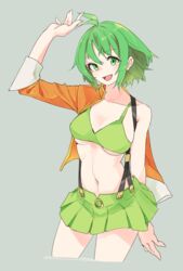  :d arm_behind_back arm_up bare_shoulders breasts camisole cleavage commentary cowboy_shot crop_top cropped_legs female green_camisole green_eyes green_hair green_skirt gumi gumi_(v3_megpoid) hair_between_eyes highres jacket jacket_partially_removed large_breasts medium_breasts medium_hair miniskirt navel ninchan oerba_yun_fang off_shoulder open_mouth orange_jacket pleated_skirt skirt smile solo suspender_skirt suspenders underboob vocaloid waving 