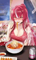  ai_drawing_anime_characters_eating_ramen_(meme) alternate_costume black_choker blunt_bangs blush breasts can character_name choker cleavage clothes_writing commentary_request crying crying_with_eyes_open doll drink_can eating female food heterochromia highres hololive houshou_marine kaji_zarame large_breasts long_hair meme multicolored_hair noodles nose_blush official_alternate_hair_length official_alternate_hairstyle pink_tank_top ponytail ramen red_hair soda_can spicy streaked_hair tank_top tears very_long_hair virtual_youtuber white_hair yellow_eyes 