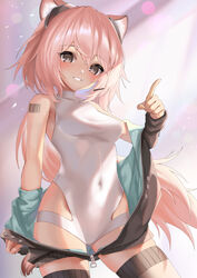  :d animal_ear_fluff animal_ears arknights barcode barcode_tattoo bare_shoulders black_jacket black_thighhighs breasts bright_pupils brown_eyes covered_navel cowboy_shot ehart female gravel_(arknights) grin index_finger_raised jacket lens_flare leotard long_hair long_sleeves looking_at_viewer low_ponytail off_shoulder open_clothes open_jacket parted_lips pink_hair shoulder_tattoo small_breasts smile solo tattoo thighhighs unzipped very_long_hair white_leotard zipper_pull_tab 