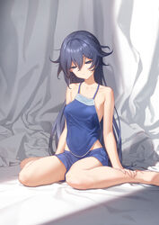  backdrop bare_arms bare_legs bare_shoulders barefoot bed_sheet blue_camisole blue_eyes blue_hair blue_shorts breasts camisole collarbone commentary_request expressionless eyebrows_hidden_by_hair female fu_hua grey_hair hair_between_eyes hands_on_own_legs highres honkai_(series) honkai_impact_3rd long_hair looking_down medium_breasts messy_hair no_bra parted_lips shorts sitting sleepy solo spaghetti_strap tdc24 wariza 