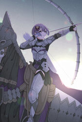  absurdres aiming armor arrow_(projectile) barding bernadetta_von_varley boobplate bow bow_(weapon) breastplate commentary_request commission drawing_bow female fire_emblem fire_emblem:_three_houses grey_eyes hairbow highres holding holding_arrow holding_bow_(weapon) holding_weapon horse horseback_archery horseback_riding leg_armor looking_to_the_side outstretched_arm purple_hair quiver riding saddle short_hair skeb_commission sky solo star_(sky) starry_sky stirrups_(riding) thighhighs vambraces weapon yoshioka_machiko 