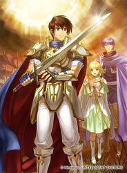  2boys armor blonde_hair blue_cape blue_gloves blue_hair boots brown_eyes brown_hair brown_sky cape dress female fingerless_gloves finn_(fire_emblem) fire_emblem fire_emblem:_thracia_776 fire_emblem_cipher glint gloves green_dress hair_ornament holding holding_sword holding_weapon kita_senri leif_(fire_emblem) multiple_boys nanna_(fire_emblem) official_art outdoors pants photoshop_(medium) smile staff standing sword tunic watermark weapon white_armor white_footwear white_pants 