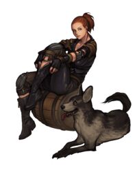  animal bad_id bad_pixiv_id barrel black_gloves boots brown_hair buckle canine cheyenne_(fallout) commentary english_commentary fallout:_new_vegas fallout_(series) female fingerless_gloves freckles full_body gloves green_eyes grin highres looking_at_viewer penett ponytail putting_on_boots red_hair simple_background sitting smile sunny_smiles transparent_background zipper zipper_pull_tab 