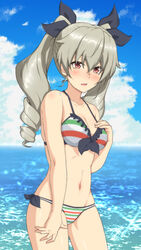  ada_badguy anchovy_(girls_und_panzer) bikini blush breasts cleavage collarbone drill_hair female girls_und_panzer green_hair hair_ribbon highres italian_flag_bikini large_breasts long_hair looking_at_viewer navel ocean open_mouth outdoors red_eyes ribbon shiny_skin sky solo striped_bikini striped_clothes swimsuit twin_drills 