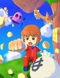  alex_kidd alex_kidd_(series) animal_humanoid avian beak bird black_eyes blush brown_body brown_feathers brown_hair feathers ghost ghost_(alex_kidd) group hair humanoid humanoid_focus male mammal mammal_humanoid money_bag monster_bird_(alex_kidd) mr-nik primate primate_humanoid punch purple_body purple_skin rock sega spirit trio 