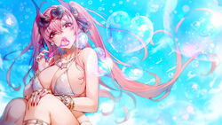  bikini blowing_bubbles blue_sky bracelet breasts bubble clam_shell cloud destiny_child eyewear_on_head female fingernails grilla_(destiny_child) hair_ornament heart highres horns jewelry large_breasts long_fingernails necklace open_mouth pink_hair red_eyes red_nails ring sky squatting sunglasses swimsuit thighs yurika48597221 