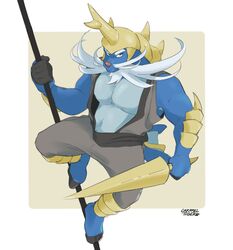  anthro anthrofied armor beard blue_body blue_fur carameltiiiger facial_hair fur generation_5_pokemon headgear helmet hi_res male melee_weapon moustache muscular muscular_anthro muscular_male nintendo pecs pokemon pokemon_(species) polearm samurott solo spear weapon 