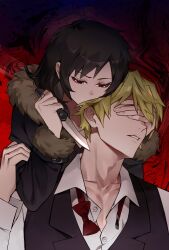  1boy aura bartender black_hair blade_to_throat blonde_hair bow bowtie coat collarbone collared_shirt commentary_request covered_eyes dark_aura durarara!! eyelashes female fur-trimmed_coat fur-trimmed_sleeves fur_trim genderswap_(mtf) hand_over_another&#039;s_eyes heiwajima_shizuo highres holding holding_another&#039;s_arm holding_knife jacket knife long_hair long_sleeves orihara_izaya red_bow red_bowtie red_eyes rule_63 sanjiao shirt short_hair switchblade teeth tuxedo upper_body vest 