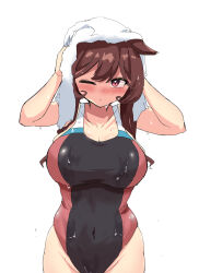  absurdres animal_ears black_one-piece_swimsuit breasts brown_hair collarbone commentary competition_swimsuit covered_navel female gentildonna_(umamusume) gryebooks highres horse_ears horse_girl large_breasts medium_hair one-piece_swimsuit one_eye_closed red_eyes simple_background solo swimsuit towel towel_on_head umamusume wet wet_hair white_background 