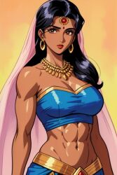  abs ai_generated bare_shoulders big_breasts bindi black_hair brown_eyes cleavage dark-skinned_female dark_skin earrings forehead_jewel hourglass_figure indian indian_clothes indian_female long_hair looking_at_viewer midriff navel necklace red_fur red_lips saree sari simple_background slim_waist veil wide_hips 