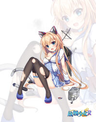  animal_ears arm_support black_thighhighs blonde_hair blue_choker blue_eyes blue_footwear blue_skirt blush breasts broken cannon cat_ears choker cleavage collarbone copyright_name damaged dyson_(warship_girls_r) fake_animal_ears female frilled_skirt frills full_body hasu_(velicia) highres knees_together_feet_apart knees_up long_hair long_sleeves looking_at_viewer machinery medium_breasts miniskirt oerba_yun_fang official_art open_mouth pleated_skirt rigging shirt shoes simple_background sitting skirt smoke smokestack solo tail thigh_strap thighhighs torn_clothes torn_thighhighs torpedo turret very_long_hair warship_girls_r white_background white_shirt 