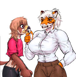  anthro avian big_breasts bird bodily_fluids breasts clothing drooling duo falcon falconid felid female hand_in_pocket hi_res holding_chin male male/female mammal naranja_(shybird) pantherine peregrine_falcon pockets saliva shybird smile tiger tight_clothing tight_topwear topwear torian_(shybird) 