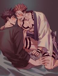  2boys absurdres azukiharuta_ju black_hair blush bulge chest_tattoo clenched_teeth crotch_grab facial_tattoo feet_out_of_frame fingernails forehead_tattoo fushiguro_megumi green_eyes highres jujutsu_kaisen leg_tattoo male_focus multiple_boys nipple_stimulation nipple_tweak nipples open_mouth pectorals pink_hair red_eyes ryoumen_sukuna_(jujutsu_kaisen) sharp_fingernails short_hair shoulder_tattoo sitting smile sweatdrop tattoo teeth thighs undercut yaoi 