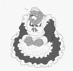  2024 anthro bear bell ben_bigger blush bow_tie clothed clothing crossdressing embarrassed eye_scar facial_scar frilly frilly_clothing hinyo731887 japanese_text kemono maid_uniform male mammal mihoyo overweight overweight_male scar simple_background solo text uniform white_background zenless_zone_zero 