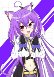  absurdres ahoge animal_ear_fluff animal_ears belt black_dress black_sleeves blush bow breasts cat_ears cat_girl cat_tail commentary_request cowlick crossed_bangs detached_sleeves dress female grid hair_between_eyes high_ponytail highres hiyoku_no_crosspiece kemonomimi_mode long_bangs long_hair looking_at_viewer multicolored_hair multicolored_sleeves nanashi_inc. navel open_clothes open_dress open_mouth paw_pose plaid_clothes plaid_skirt purple_bow purple_hair purple_skirt purple_sleeves red_eyes sabura shisui_kiki shisui_kiki_(1st_costume) sidelocks skirt sleeve_bow sleeveless sleeveless_dress sleeves_past_fingers sleeves_past_wrists small_breasts smile solo streaked_hair tail two-tone_hair upper_body very_long_hair virtual_youtuber white_sleeves yellow_belt 