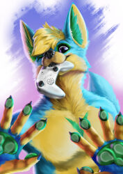  anthro blue_body blue_fur canid canine canis cheek_tuft controller corbin_(roscy) coyote facial_tuft fingers fluffy fluffy_tail fur game_controller green_body green_fur hair hands_on_screen happy hi_res inner_ear_fluff kale_(kinit935) male mammal microsoft object_in_mouth one_eye_closed pawpads phone_wallpaper portrait purple_eyes simple_background smile solo tail teeth tuft wink xbox xbox_controller xbox_game_studios yellow_body yellow_fur 