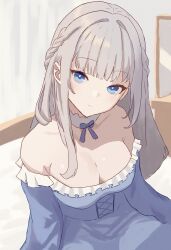  absurdres blue_eyes bow bowtie braid breasts choker cleavage collarbone dress expressionless female grey_hair hair_intakes highres kotha_art lawine_(sousou_no_frieren) long_hair looking_at_viewer medium_breasts negligee on_bed solo sousou_no_frieren twin_braids 