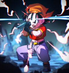  bandana belt black_belt black_eyes black_footwear black_gloves black_hair blurry blurry_background chains commentary_request denim dragon_ball dragon_ball_gt female fingerless_gloves gloves jeans open_mouth orange_bandana pan_(dragon_ball) pants red_shirt rom_(20) shirt shoes short_hair short_sleeves solo squatting teeth 