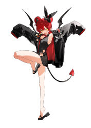  absurdres black_jacket bow breasts china_dress chinese_clothes demon_tail double_bun dress fangs female full_body hair_bun hairbow highres horns jacket long_sleeves open_clothes open_jacket open_mouth original pointy_ears red_eyes sandals short_dress short_hair simple_background sleeveless sleeveless_dress slit_pupils small_breasts smile solo standing standing_on_one_leg tail tiptoes twiii_ye white_background wings yellow_eyes 