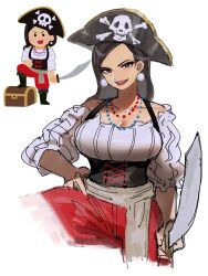  14_(vision5032) bicorne boots breasts captain_morgan_pose cleavage cutlass dancho_no_mori female hat highres holding holding_weapon irasutoya irasutoya_challenge jewelry large_breasts leg_up long_hair looking_at_viewer necklace open_mouth pants pirate pirate_costume pirate_hat skull_and_crossbones smile solo standing weapon white_background 