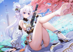  absurdres ass bare_shoulders barefoot blue_eyes breasts closed_mouth detached_sleeves dress feet female flower hair_between_eyes hair_flower hair_ornament hair_rings high_heels highres holding holding_weapon large_breasts lazgear long_hair looking_at_viewer ocean outdoors petals shuangyaji sideboob sitting sky sleeveless socks solo sword thighs tower_of_fantasy weapon white_hair white_socks 