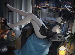  alcohol balcony bare_legs bare_shoulders black_dress black_gloves black_hair blue_archive bottle breasts building butterfly_hair_ornament china_dress chinese_clothes city couch cup dor_m double_bun dragon_print dress drinking_glass female gloves grey_eyes hair_bun hair_ornament halo high_heels highres indoors kisaki_(blue_archive) legs long_hair looking_at_viewer night sleeveless sleeveless_dress small_breasts smile solo souvenir_doll_(blue_archive) table thighs twintails window 