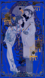  1boy bare_shoulders bead_necklace beads bird birdcage black_bird black_hair blue_background blue_collar blue_eyes blue_flower blue_hanfu blue_theme border breasts cage china_dress chinese_clothes chinese_commentary claw_pose cleavage collar commentary_request detached_collar detached_sleeves dress female fingernails flower from_side full_body gohei grey_ribbon hanfu hat high_collar highres holding holding_gohei jewelry jiangshi leaning_forward leg_ribbon long_hair long_sleeves looking_at_another lotus medium_breasts mini_hat mirror necklace ofuda open_mouth original ornate_border pale_skin prayer_tag red_eyes red_nails ribbon robe sharp_fingernails short_dress short_hair sleeves_past_fingers sleeves_past_wrists standing tassel_necklace wave_print white_dress white_footwear white_hair white_robe white_sleeves wide_sleeves xuzhibai yellow_hat yin_yang yin_yang_print 