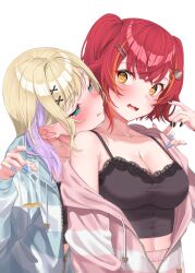  2girls @_@ absurdres armpit_crease black_camisole black_nails blonde_hair blue_jacket blue_nails blush braid braided_bangs breasts camisole cleavage collarbone crop_top cup drawstring drunk earrings glass green_eyes hair_intakes hair_ornament hairpin half-closed_eyes highres holding holding_cup hood hooded_jacket hug hug_from_behind iris_black_games jacket jewelry kiaoekakishitai kurumi_noah kurumi_noah_(6th_costume) large_breasts long_sleeves looking_back loungewear medium_hair midriff_peek multicolored_hair multiple_girls multiple_hairpins nail_polish navel nekota_tsuna open_mouth orange_eyes partially_open_jacket pink_jacket purple_hair red_hair sidelocks simple_background single_bare_shoulder single_off_shoulder streaked_hair striped_clothes striped_jacket tongue tongue_out two-tone_hair two_side_up upper_body virtual_youtuber vspo! white_background yuri 