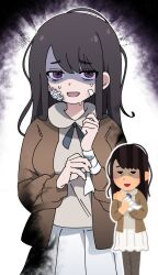  @_@ bags_under_eyes bandage_on_face bandaged_arm bandages bandaid bandaid_on_face black_hair breasts brown_jacket female irasutoya irasutoya_challenge ixy jacket large_breasts long_hair looking_at_viewer messy_hair pantyhose pleated_skirt purple_eyes skirt solo turtleneck 