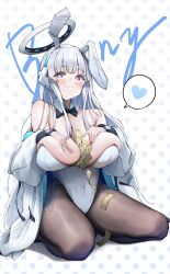  alternate_costume animal_ears banknote bare_shoulders black_pantyhose blue_archive blue_bow blue_bowtie blush bow bowtie breasts caff_(aosui9) closed_mouth commentary covered_navel detached_collar fake_animal_ears falling_money female grabbing_own_breast halo headgear heart highleg highleg_leotard highres jacket large_breasts leotard long_hair long_sleeves looking_at_viewer mechanical_halo millennium_science_school_logo money noa_(blue_archive) pantyhose playboy_bunny polka_dot polka_dot_background purple_eyes rabbit_ears sitting smile solo spoken_heart strapless strapless_leotard traditional_bowtie tucked_money wariza white_hair white_halo white_jacket white_leotard 