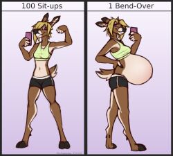  anthro belly big_belly blonde_hair bottomwear bra breasts brown_body brown_fur cellphone clothed clothing cloven_hooves dansharkman dawn_(dansharkman) deer electronics english_text female fur hair hi_res hooves hotpants huge_belly hyper hyper_belly hyper_pregnancy mammal multicolored_body multicolored_fur phone pregnant pregnant_anthro pregnant_female shorts signature solo sports_bra text two_tone_body two_tone_fur underwear white_body white_fur 
