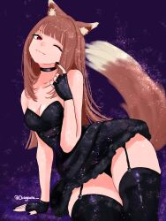  ;) animal_ears black_choker black_dress black_garter_straps black_gloves black_nails black_panties black_thighhighs breasts choker cleavage commentary diagada dress english_commentary female fingerless_gloves garter_straps gloves highres holo long_hair medium_breasts one_eye_closed panties purple_background red_eyes smile solo spice_and_wolf tail thighhighs thighs twitter_username underwear very_long_hair wolf_ears wolf_girl wolf_tail 