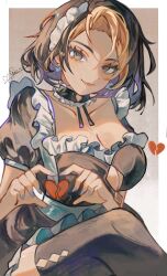  alternate_costume black_dress black_hair black_thighhighs blonde_hair blonde_streaks blue_nails border breasts broken_heart brown_background choker cleavage cleavage_cutout closed_mouth clothing_cutout collarbone commentary_request dark-skinned_female dark_skin domina_(overwatch) dress enmaided female frilled_choker frilled_dress frills gradient_background heart heart_hands highres korean_commentary looking_at_viewer maid maid_headdress multicolored_hair nail_polish outside_border overwatch puffy_sleeves short_hair short_sleeves signature simple_background skindentation smile solo streaked_hair thighhighs white_background white_border yena_s 