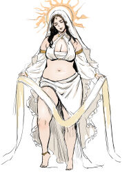  anklet bare_shoulders barefoot breasts brown_hair cleavage closed_eyes closed_mouth commentary_request criss-cross_halter dark_souls_(series) dark_souls_i detached_sleeves female full_body giant giantess gold_trim halo halterneck highres jewelry korean_commentary large_breasts long_hair navel plump queen_of_sunlight_gwynevere ribbon sarong smile solo standing thighs tumitumico veil white_background white_sarong 